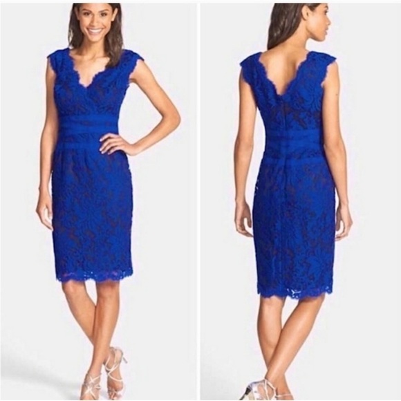 Tadashi Shoji Embroidered Lace Cocktail Sheath Dress in Royal Blue Black Size 2P - Picture 2 of 11